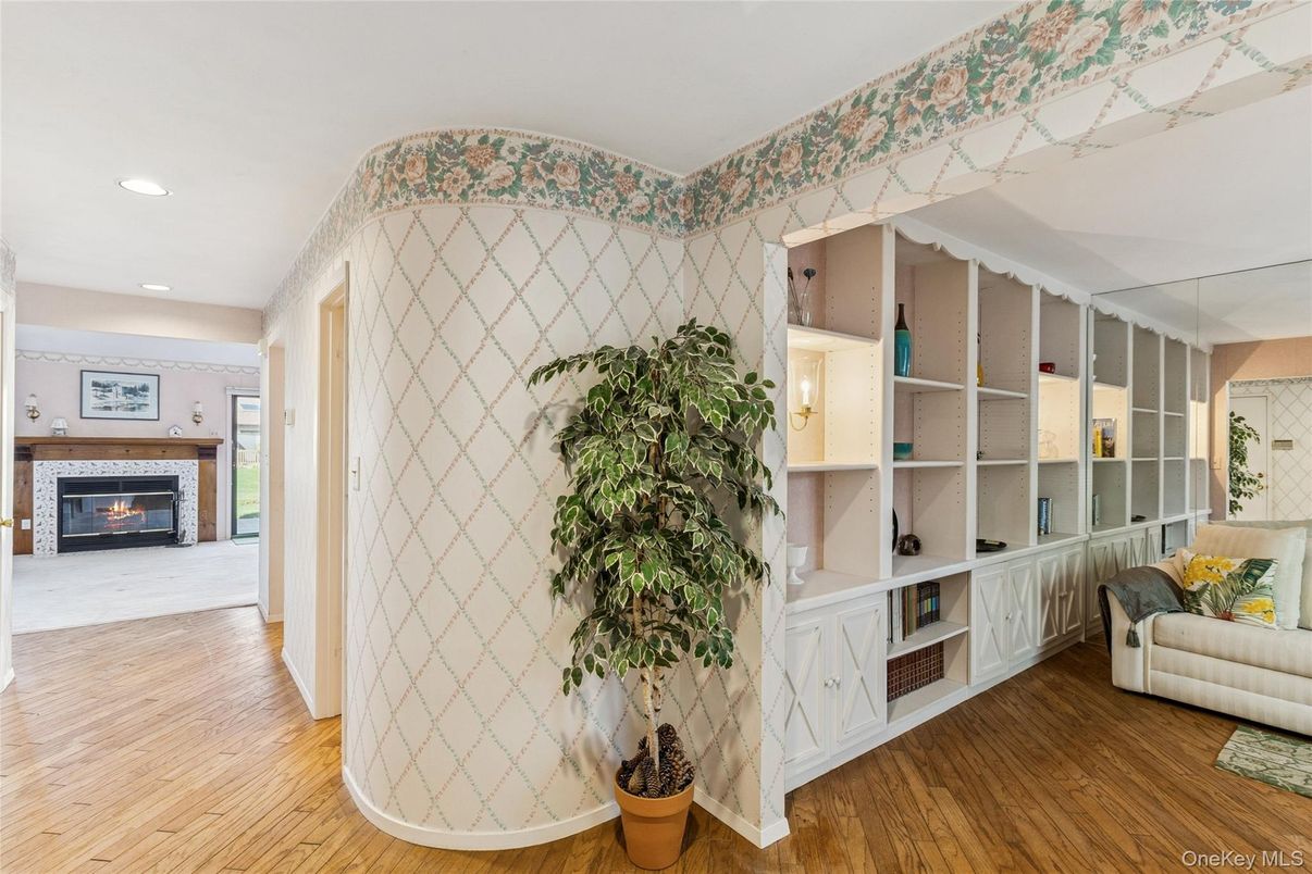 Fireplace, Interior, Recessed Lighting, Wood Texture Flooring