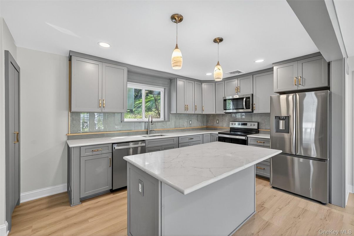 Interior, Kitchen, Pendant Lights, Recessed Lighting, Stainless Steel Appliances, Wood Texture Flooring