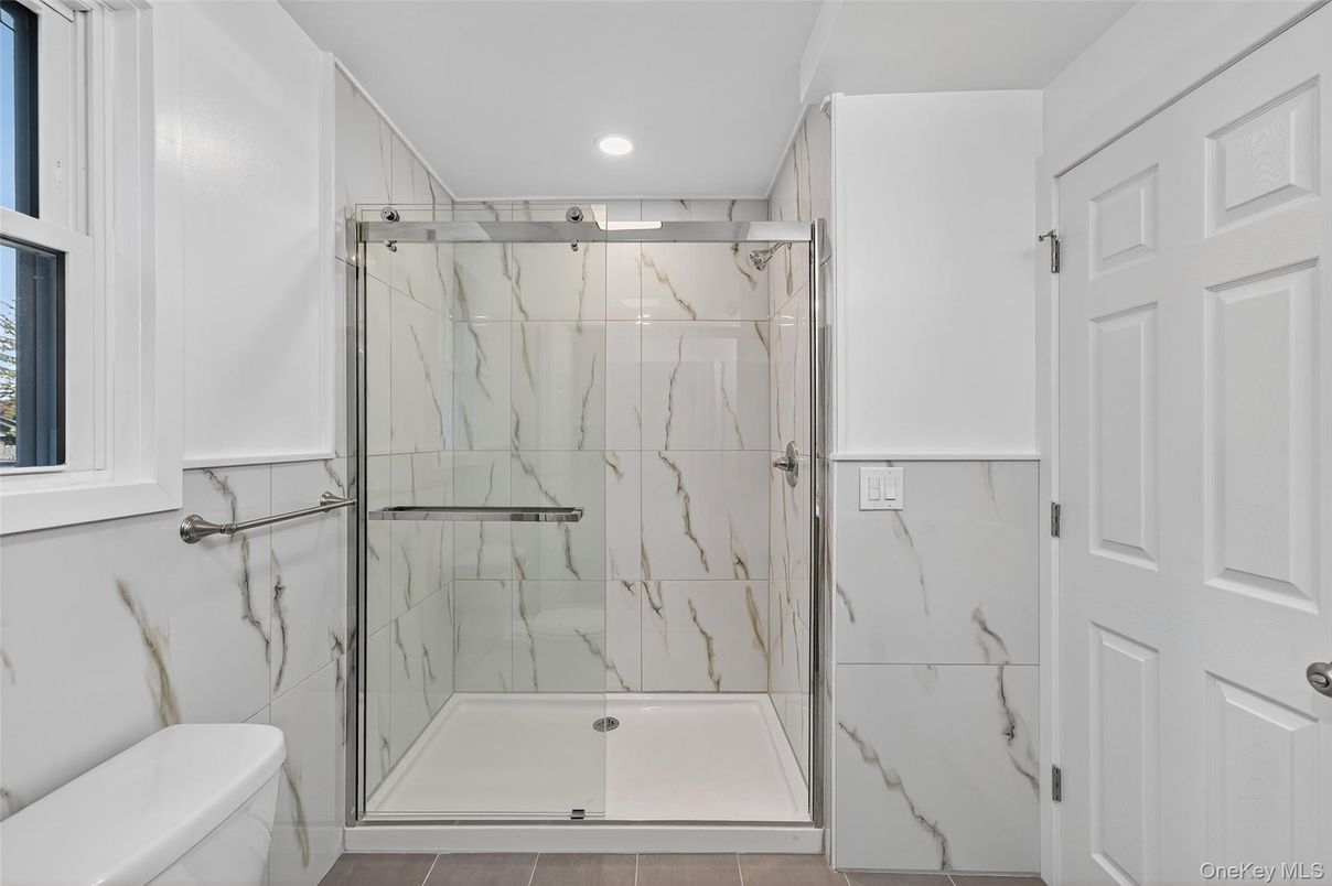 Bathroom, Glass Shower, Interior, Marble Walls, Recessed Lighting