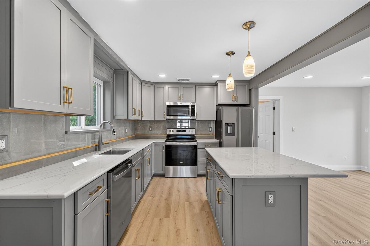 Interior, Kitchen, Pendant Lights, Recessed Lighting, Stainless Steel Appliances, Wood Texture Flooring