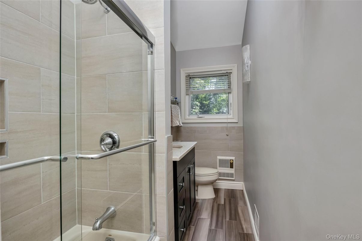 Bathroom, Glass Shower, Interior, Wood Texture Flooring