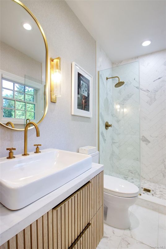 Bathroom, Glass Shower, Interior, Marble, Marble Walls, Recessed Lighting