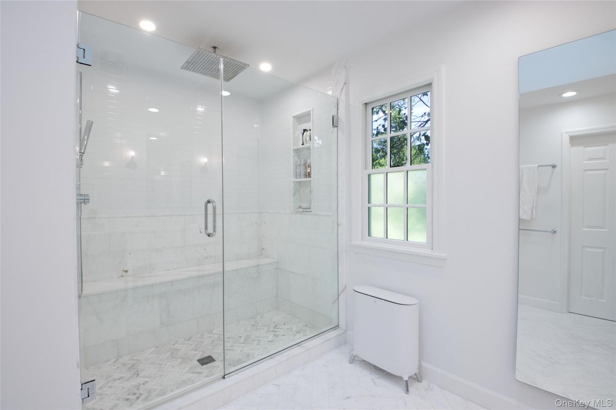Bathroom, Glass Shower, Interior, Marble, Marble Walls, Recessed Lighting