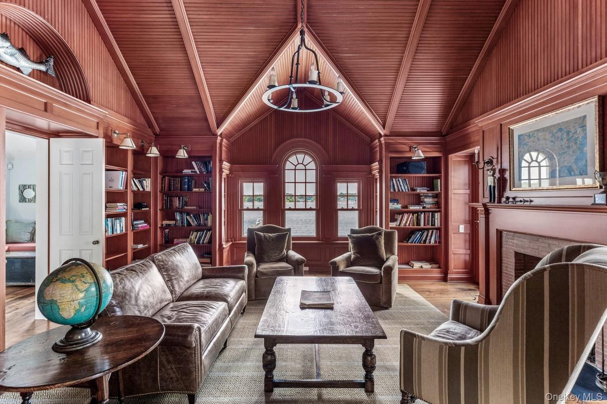 Fireplace, Interior, Living room, Pendant Lights, Wooden Ceilings, Wood Texture Flooring, Wooden Walls