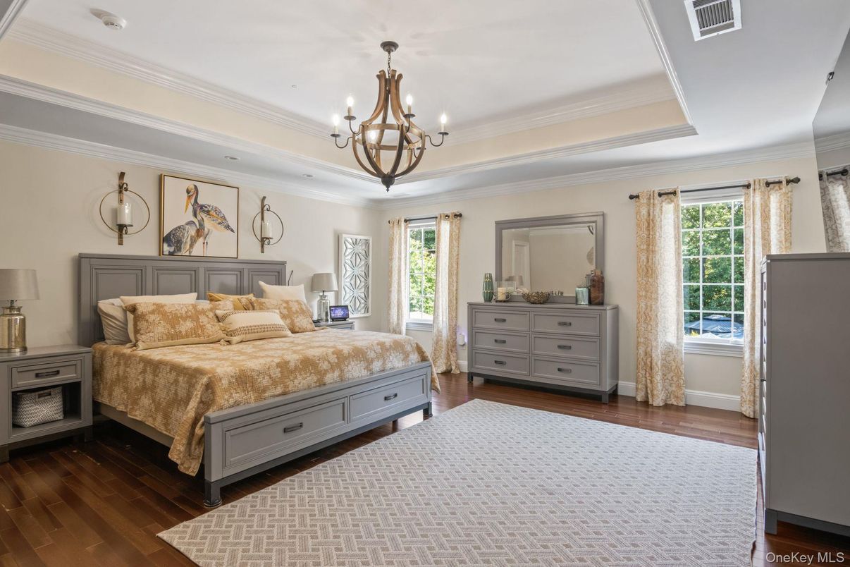 Bedroom, Chandelier, Interior, Wood Texture Flooring