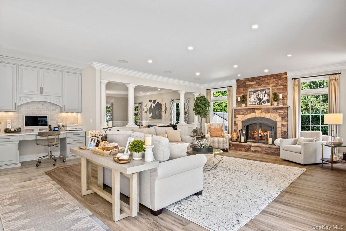 Fireplace, Interior, Living room, Recessed Lighting, Stone Walls, Wood Texture Flooring