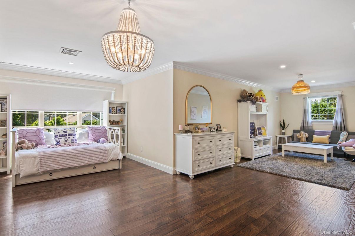Bedroom, Chandelier, Interior, Recessed Lighting, Wood Texture Flooring