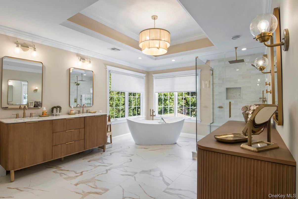 Bathroom, Chandelier, Dual Sink Vanities, Free Standing Baths, Glass Shower, Interior, Marble, Recessed Lighting