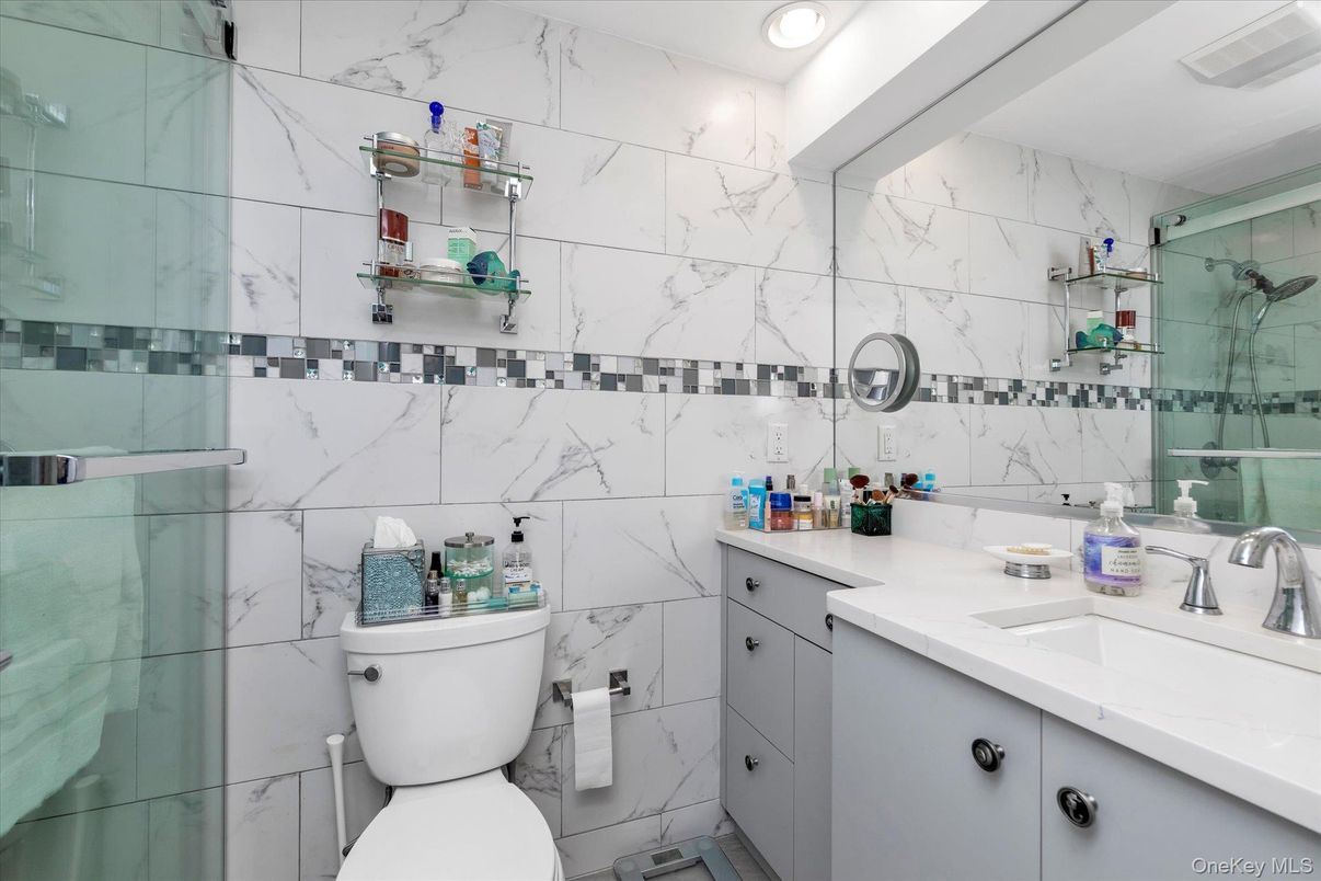 Bathroom, Glass Shower, Interior, Marble Walls, Recessed Lighting