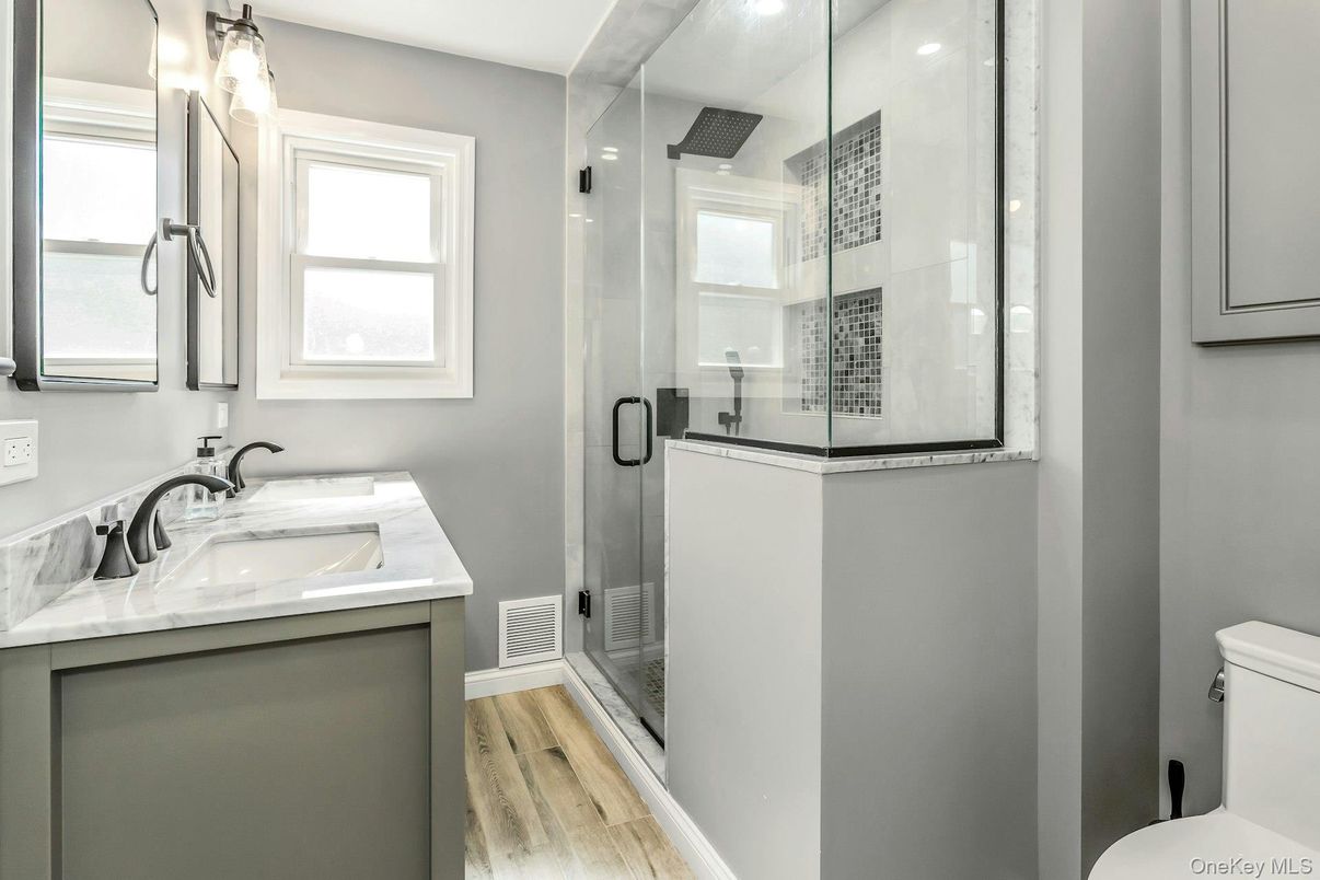 Bathroom, Glass Shower, Interior, Wood Texture Flooring