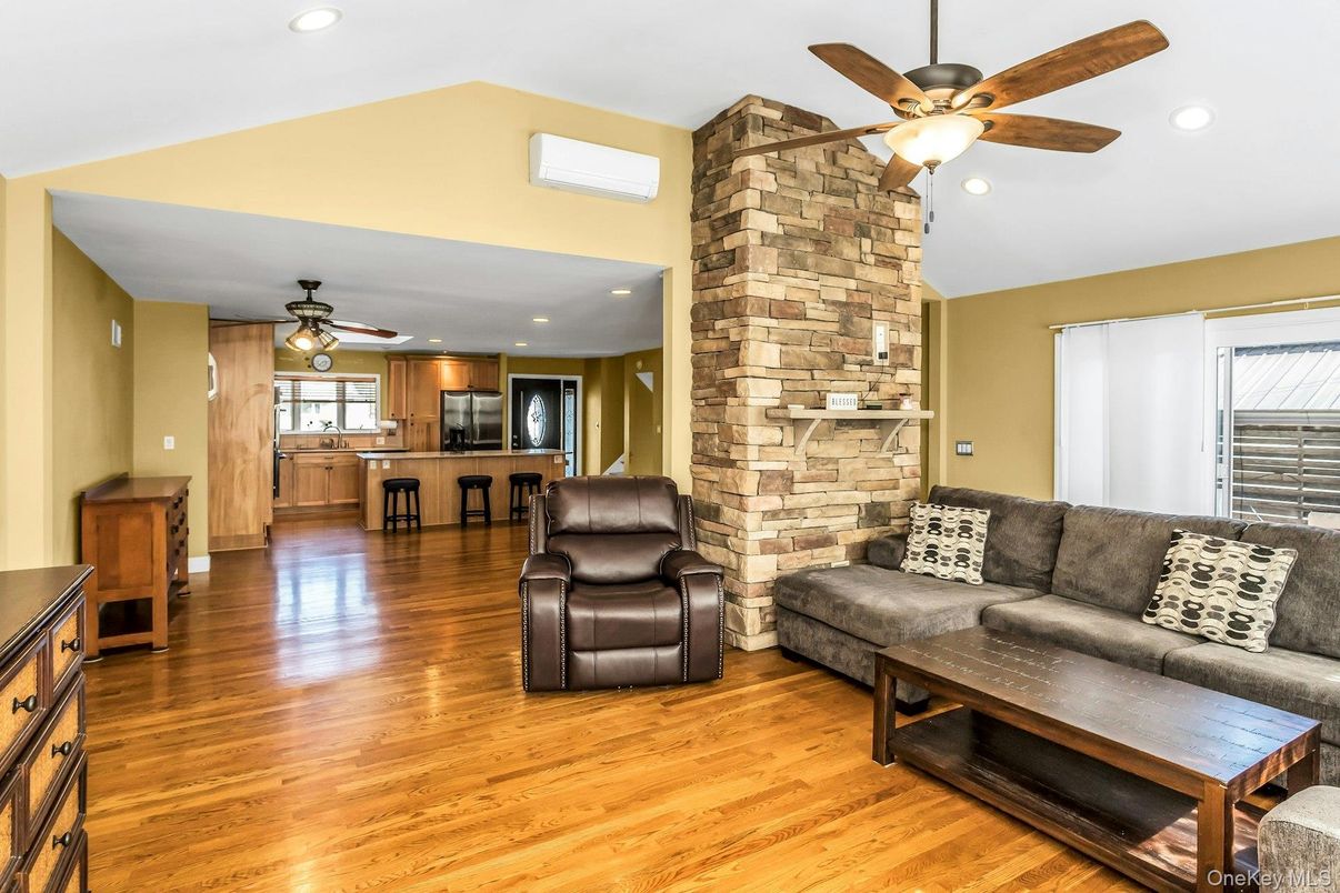 Interior, Kitchen, Living room, Recessed Lighting, Stone Walls, Wood Texture Flooring