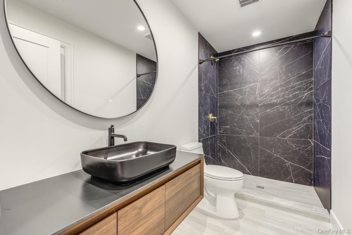 Bathroom, Interior, Marble Walls, Recessed Lighting, Wood Texture Flooring