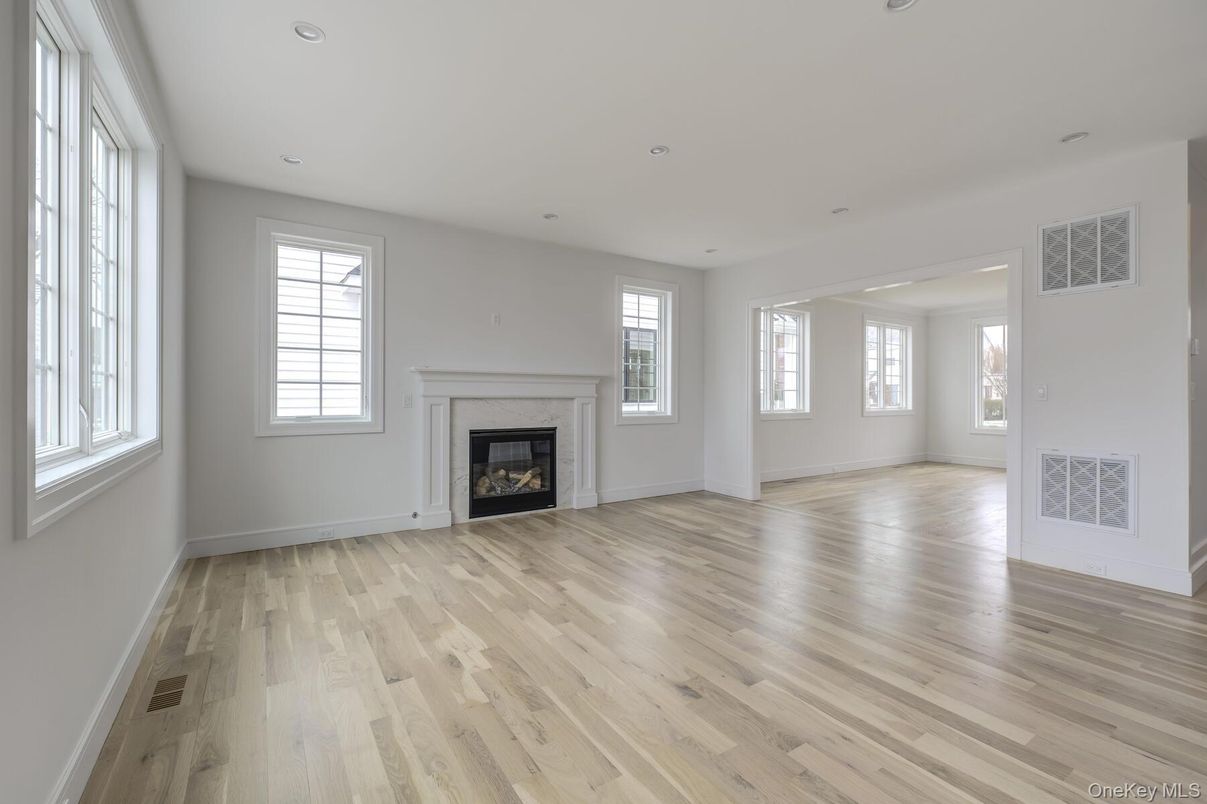 Empty room, Fireplace, Interior, Recessed Lighting, Wood Texture Flooring