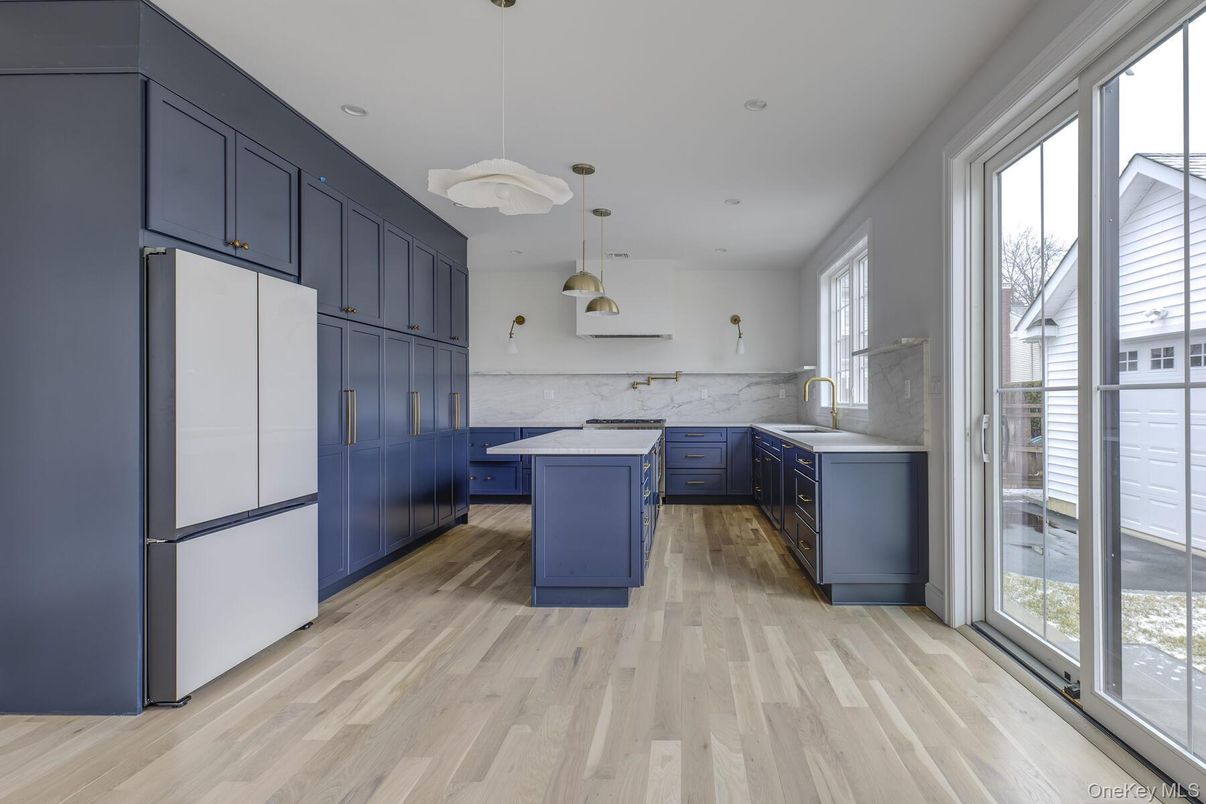 Interior, Kitchen, Marble Walls, Pendant Lights, Recessed Lighting, Wood Texture Flooring