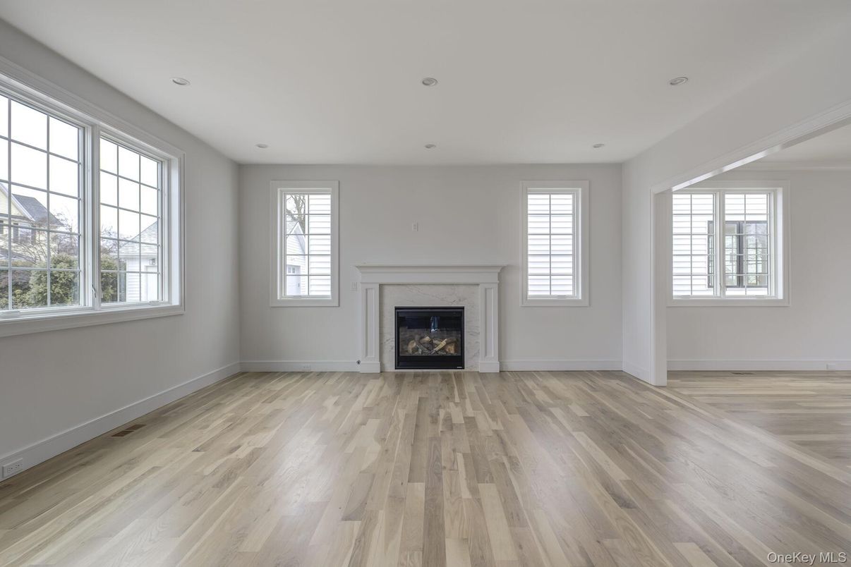 Empty room, Fireplace, Interior, Recessed Lighting, Wood Texture Flooring