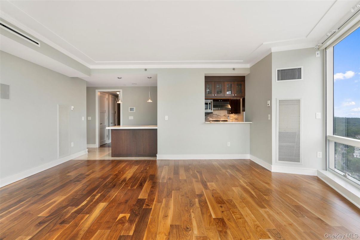 Empty room, Interior, Kitchen, Pendant Lights, Recessed Lighting, Wood Texture Flooring