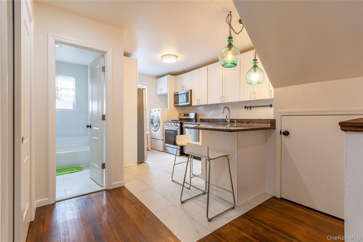 Interior, Kitchen, Pendant Lights, Stainless Steel Appliances, Wood Texture Flooring