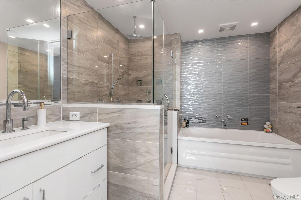 Bathroom, Glass Shower, Interior, Marble, Marble Walls, Recessed Lighting