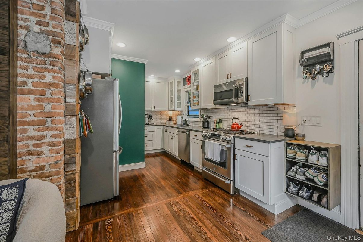 Interior, Kitchen, Recessed Lighting, Stainless Steel Appliances, Stone Walls, Wood Texture Flooring