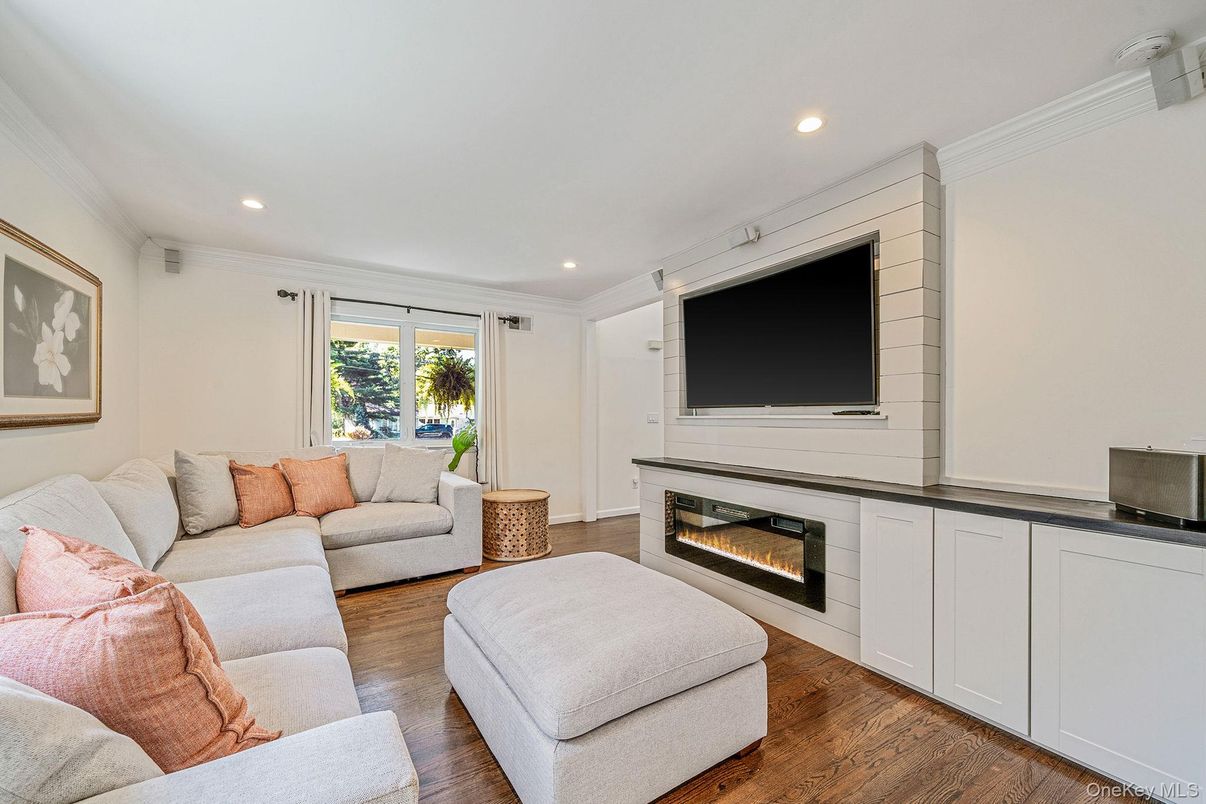 Fireplace, Interior, Living room, Recessed Lighting, Wood Texture Flooring