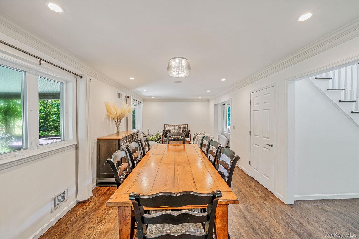Dining room, Interior, Recessed Lighting, Wood Texture Flooring