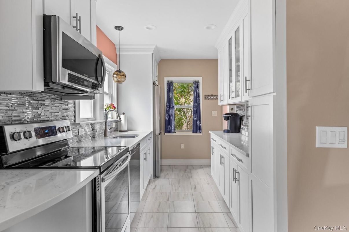 Interior, Kitchen, Marble, Pendant Lights, Recessed Lighting, Stainless Steel Appliances