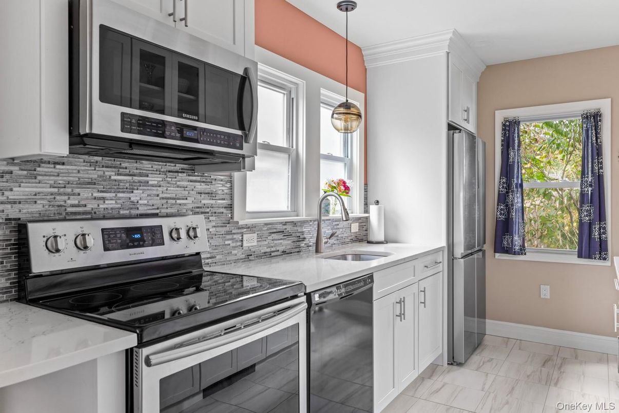 Interior, Kitchen, Marble, Pendant Lights, Stainless Steel Appliances