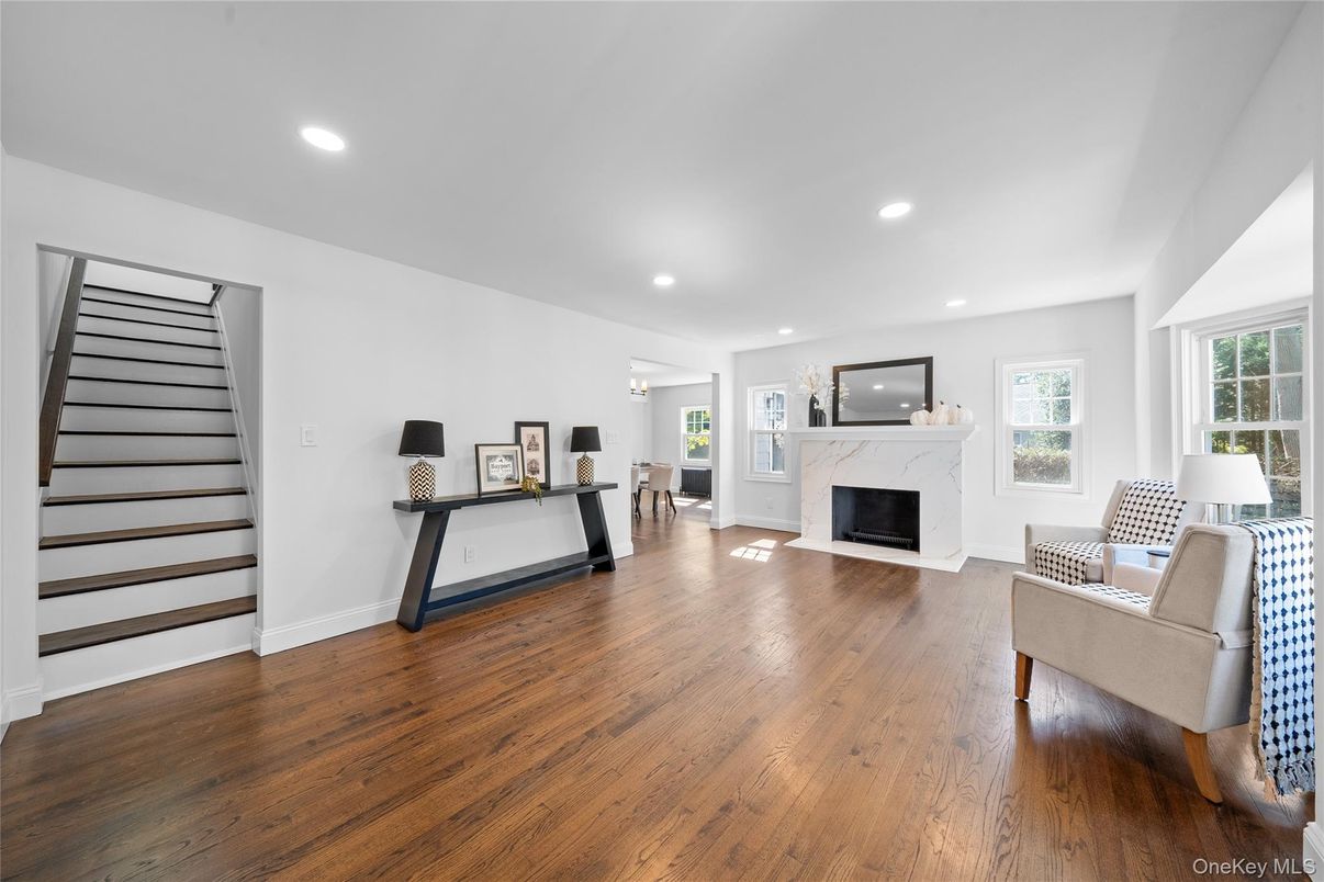 Fireplace, Interior, Recessed Lighting, Wood Texture Flooring