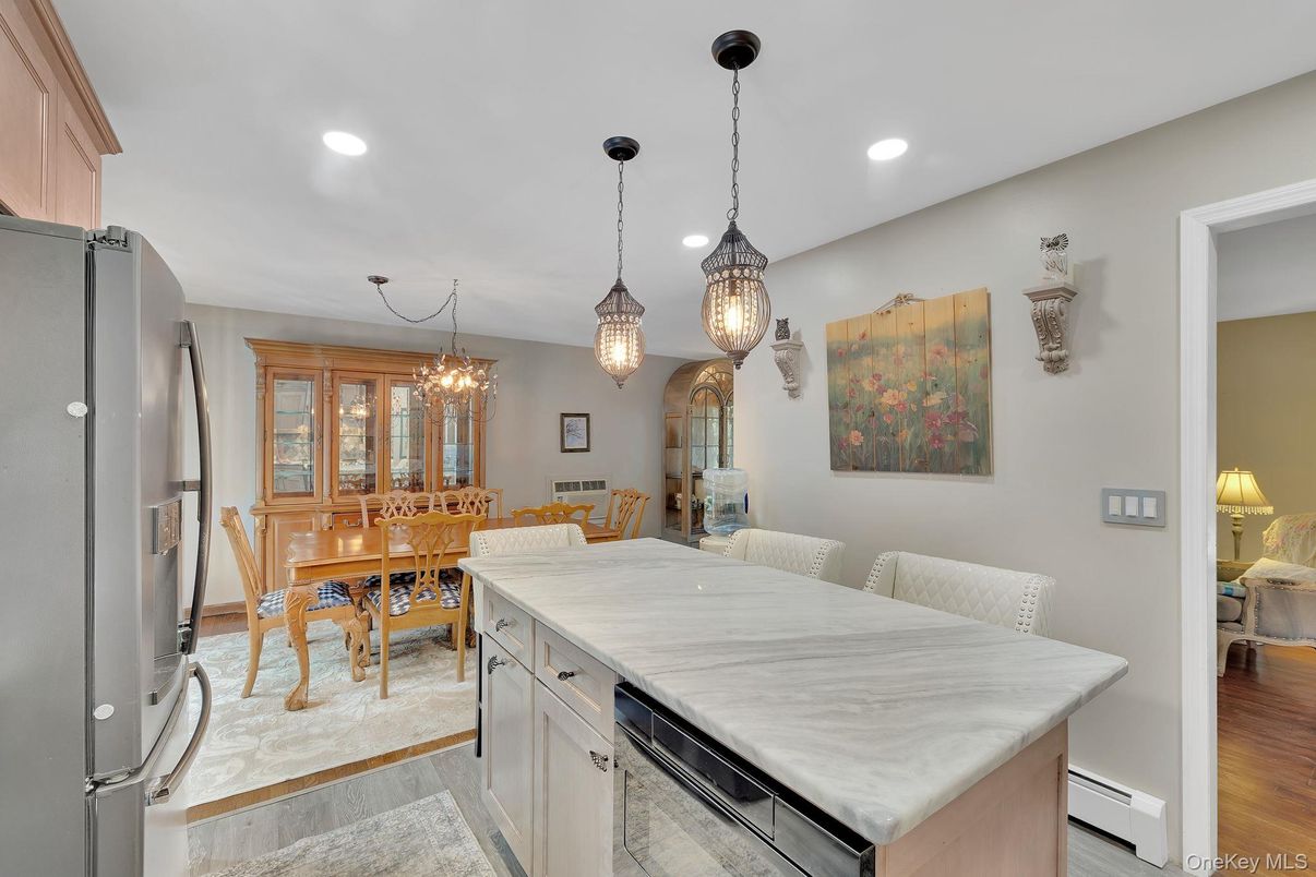 Dining room, Interior, Pendant Lights, Recessed Lighting, Wood Texture Flooring