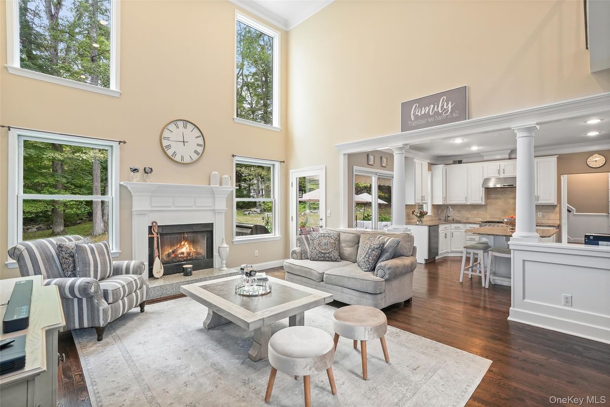 Fireplace, Interior, Kitchen, Living room, Recessed Lighting, Wood Texture Flooring