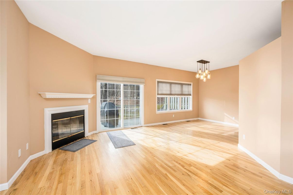 Empty room, Fireplace, Interior, Pendant Lights, Wood Texture Flooring