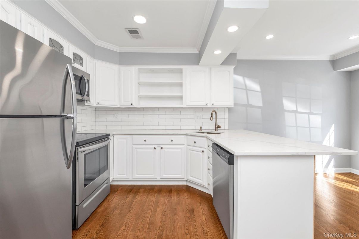 Interior, Kitchen, Recessed Lighting, Stainless Steel Appliances, Wood Texture Flooring