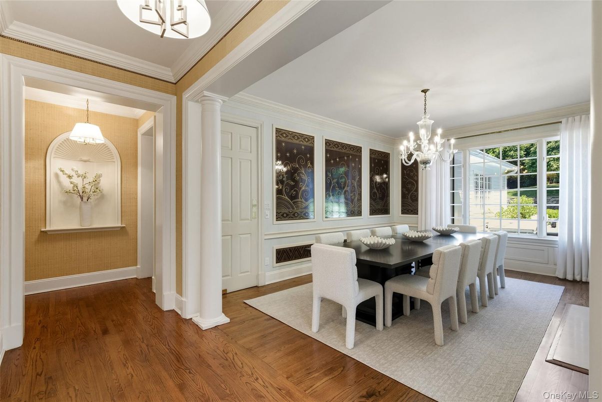 Chandelier, Dining room, Interior, Pendant Lights, Wood Texture Flooring