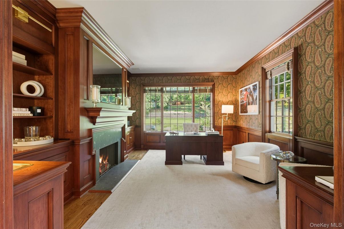 Fireplace, Home Office, Interior, Wood Texture Flooring, Wooden Walls
