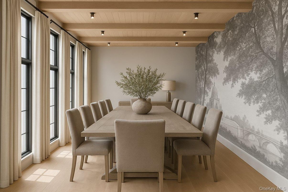 Dining room, Interior, Recessed Lighting, Wooden Beams, Wood Texture Flooring
