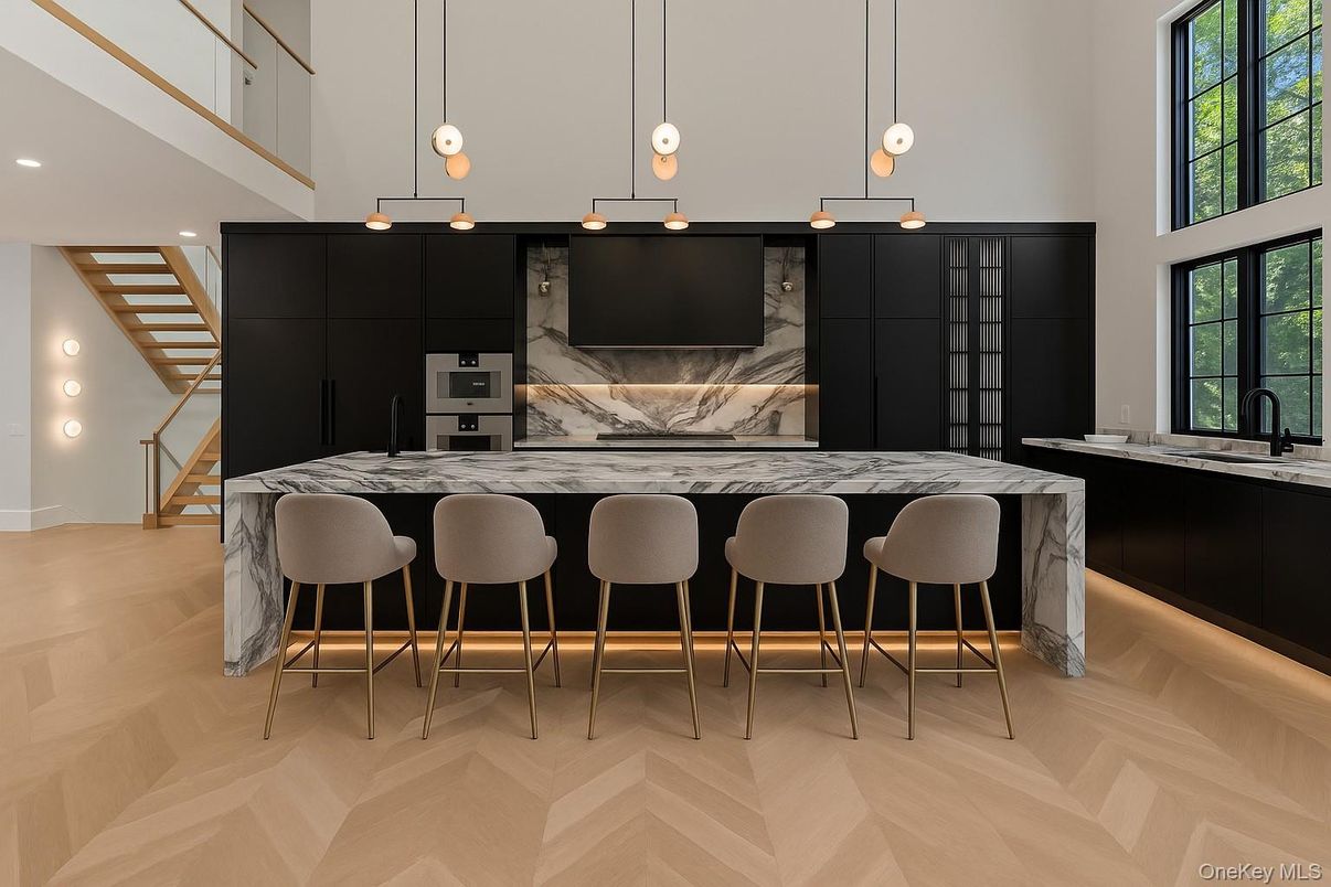 Interior, Kitchen, Marble Walls, Pendant Lights, Recessed Lighting, Wood Texture Flooring