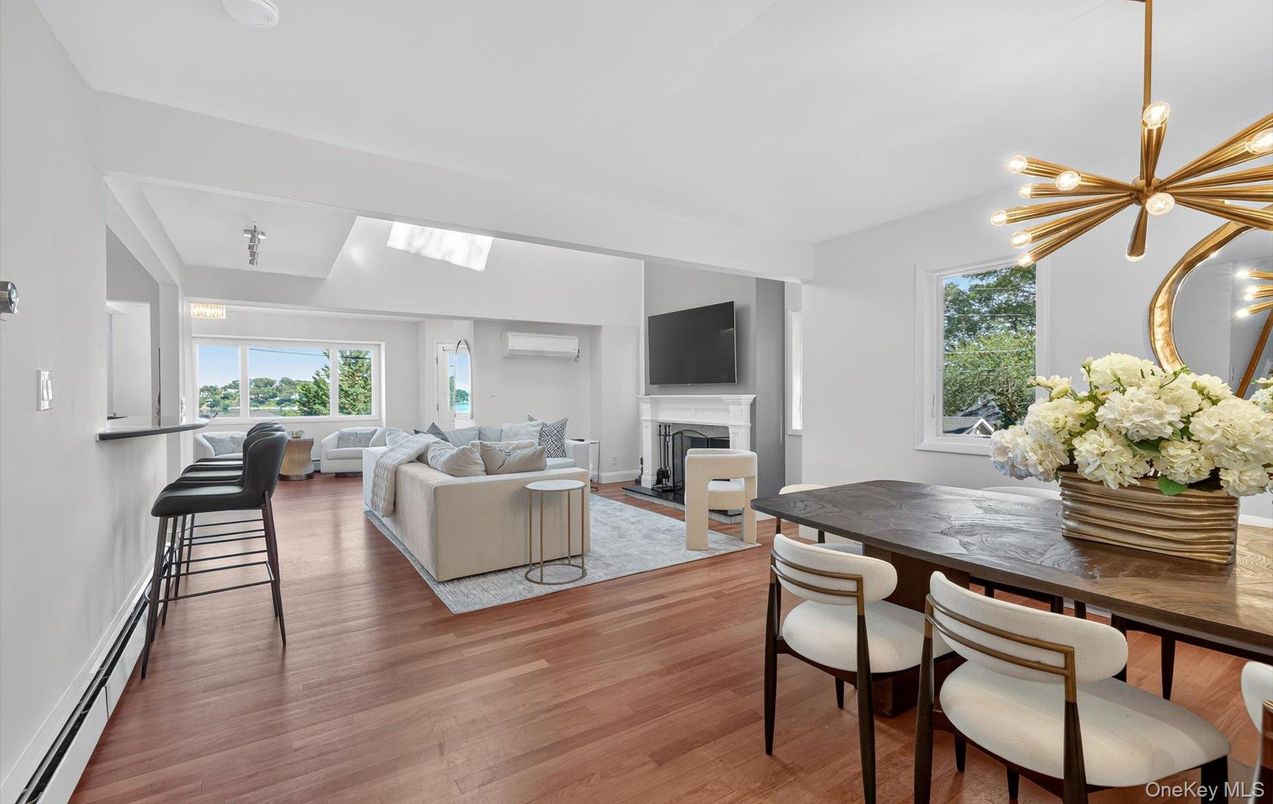 Dining room, Fireplace, Interior, Living room, Pendant Lights, Wood Texture Flooring