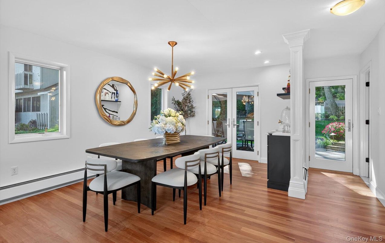 Dining room, Interior, Pendant Lights, Recessed Lighting, Wood Texture Flooring