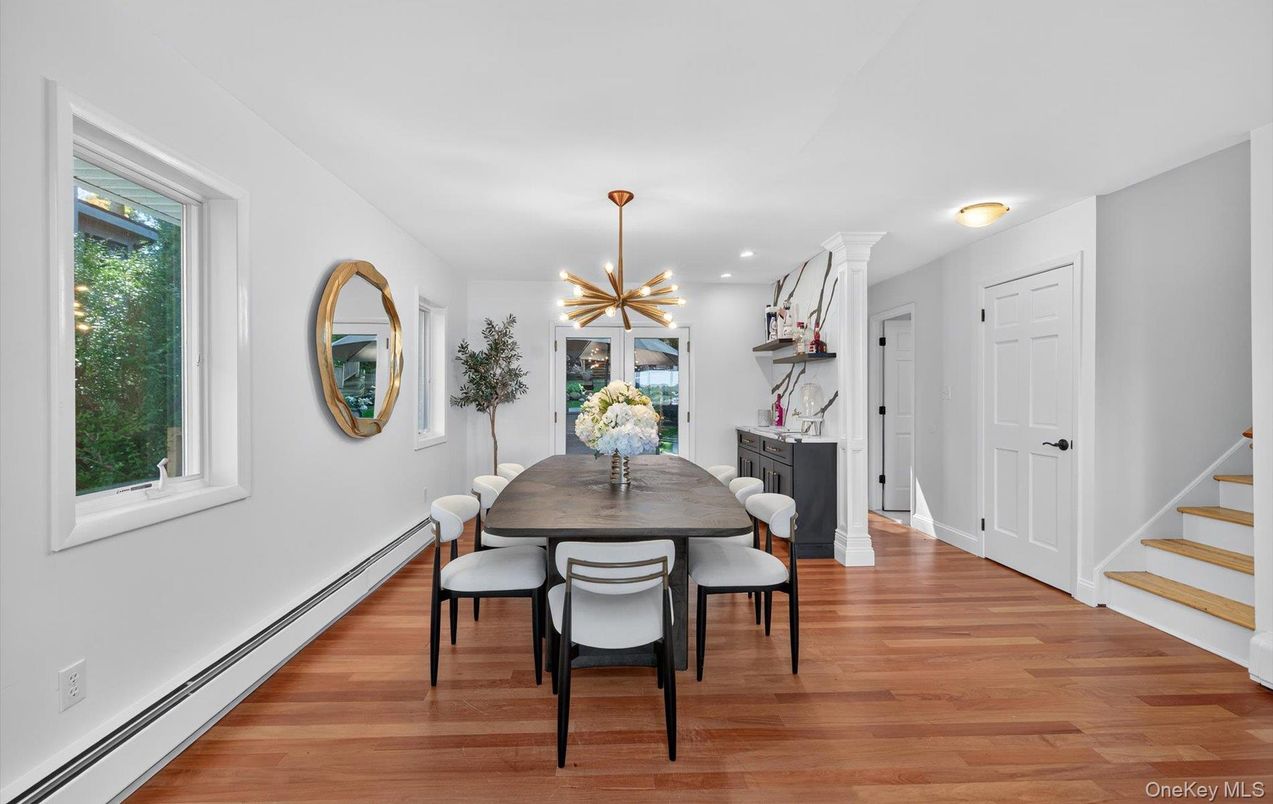 Dining room, Interior, Pendant Lights, Recessed Lighting, Wood Texture Flooring