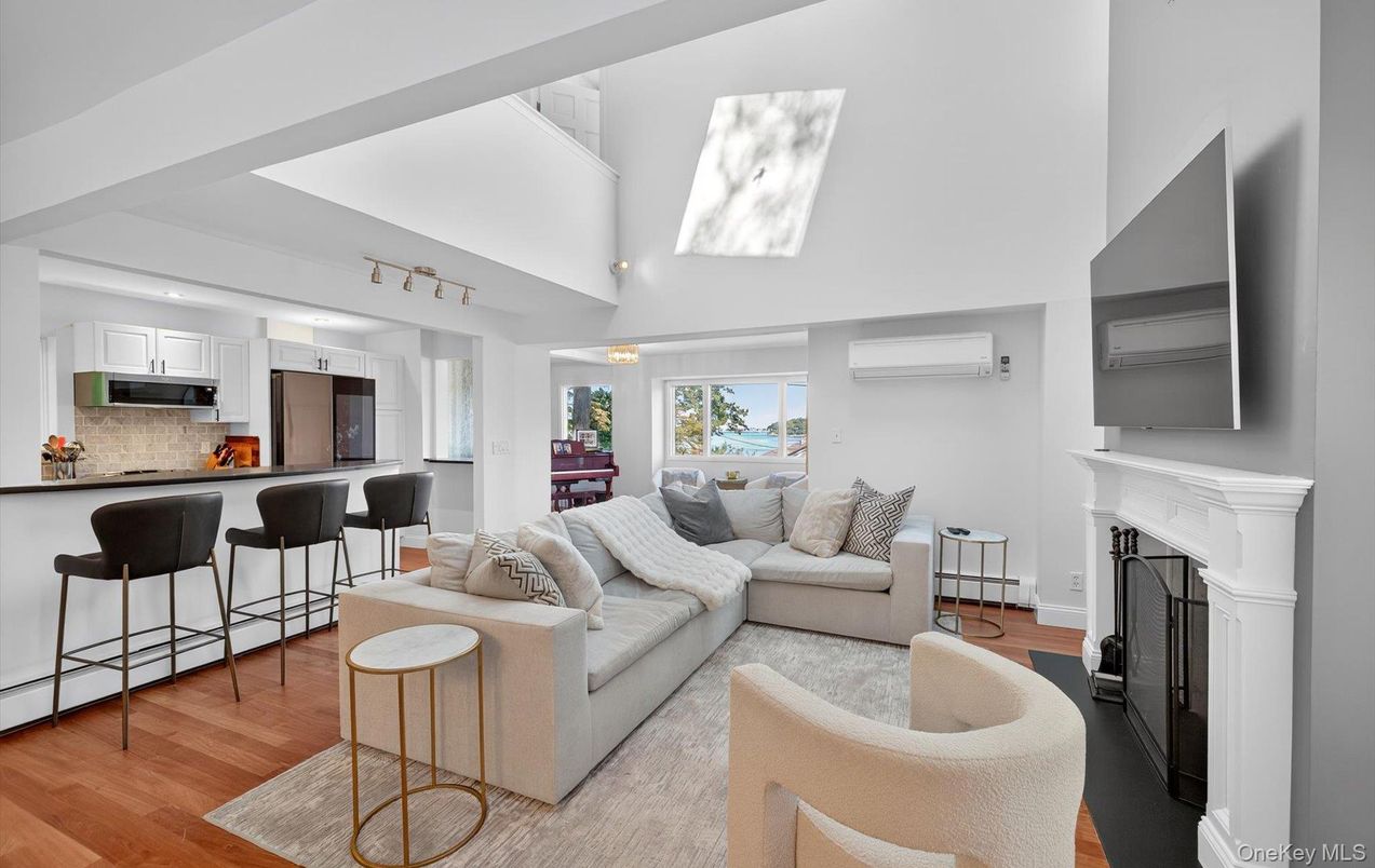 Fireplace, Interior, Kitchen, Living room, Stainless Steel Appliances, Wood Texture Flooring