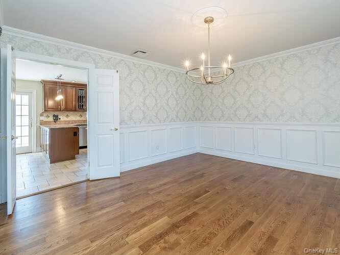 Chandelier, Empty room, Interior, Kitchen, Pendant Lights, Wood Texture Flooring