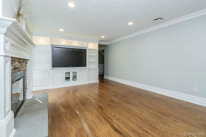 Empty room, Fireplace, Interior, Recessed Lighting, Wood Texture Flooring