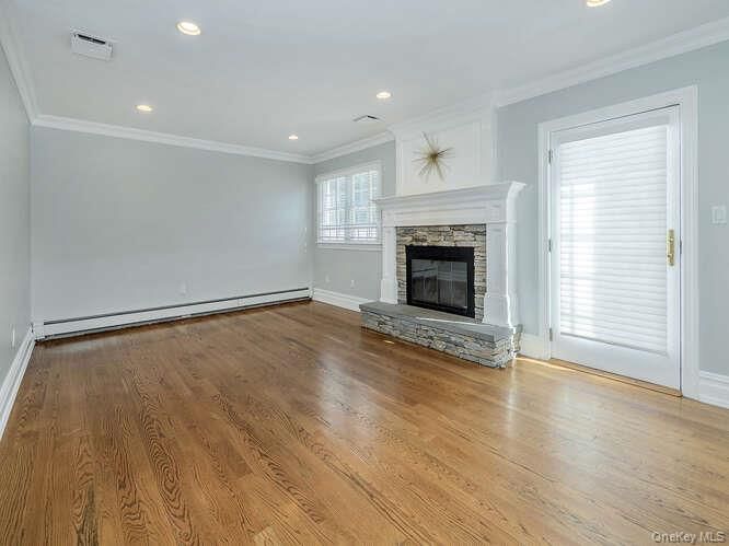 Empty room, Fireplace, Interior, Recessed Lighting, Wood Texture Flooring