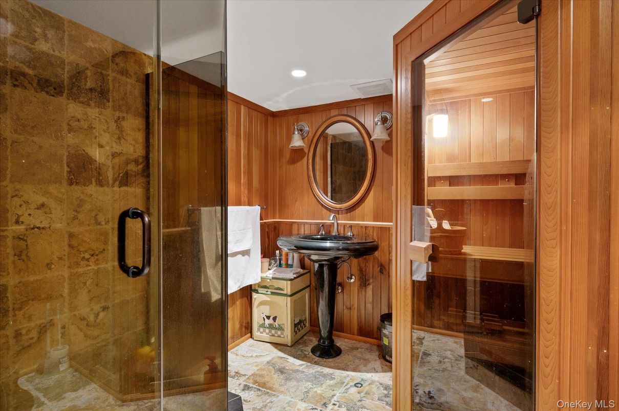 Bathroom, Glass Shower, Interior, Recessed Lighting, Wooden Walls