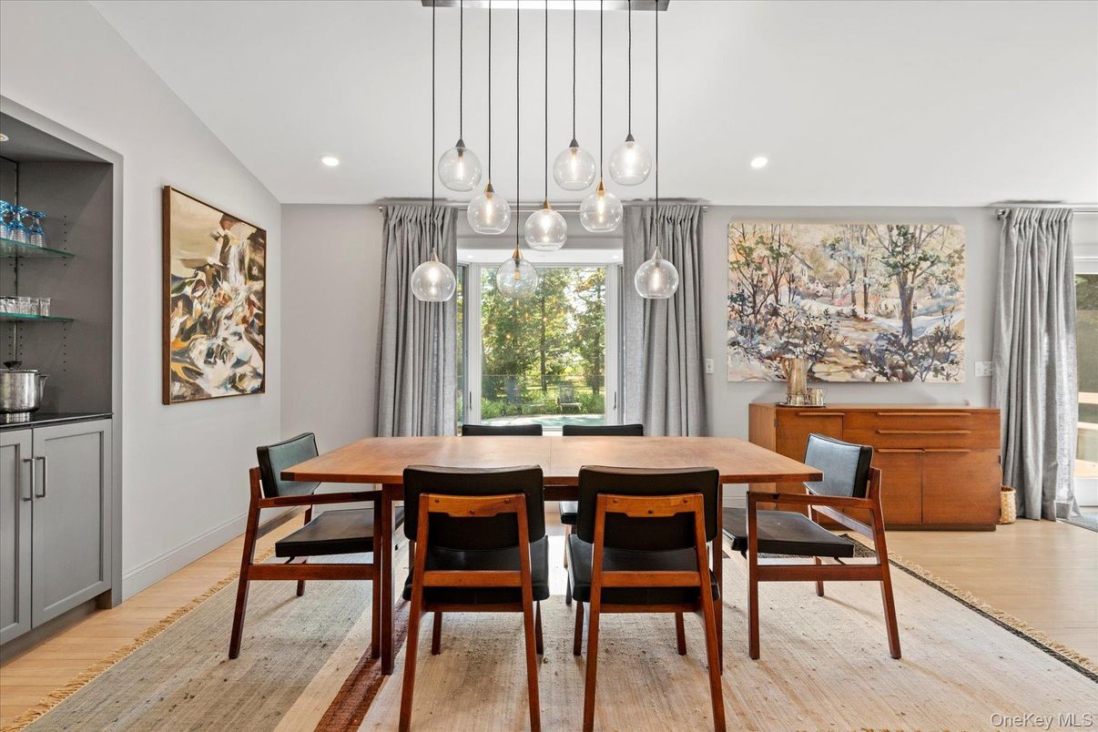 Dining room, Interior, Pendant Lights, Recessed Lighting, Wood Texture Flooring