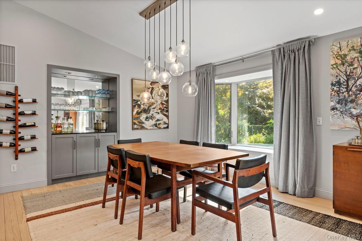 Dining room, Interior, Pendant Lights, Recessed Lighting, Wood Texture Flooring