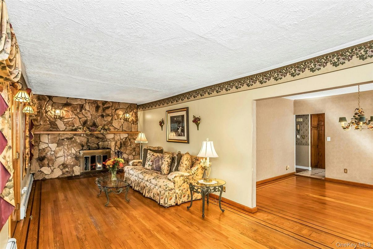 Fireplace, Interior, Living room, Stone Walls, Wood Texture Flooring