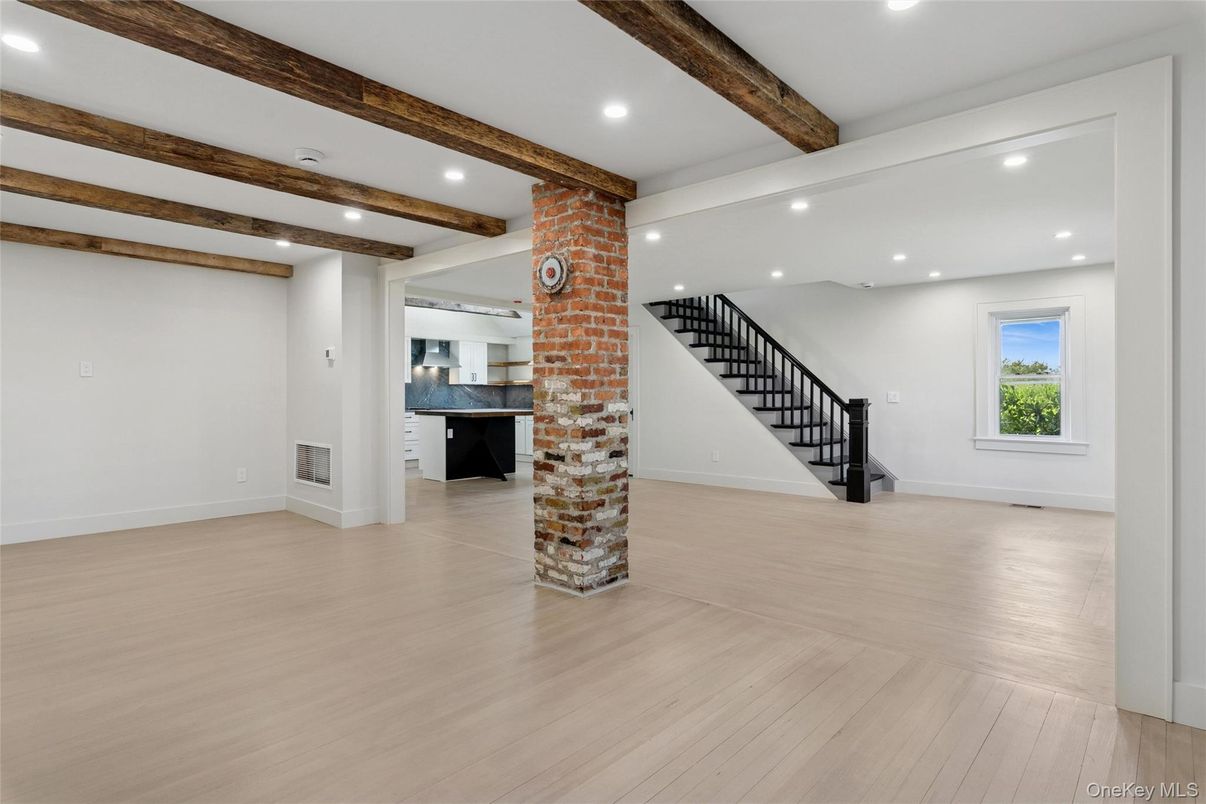 Empty room, Interior, Recessed Lighting, Stone Walls, Wooden Beams, Wood Texture Flooring