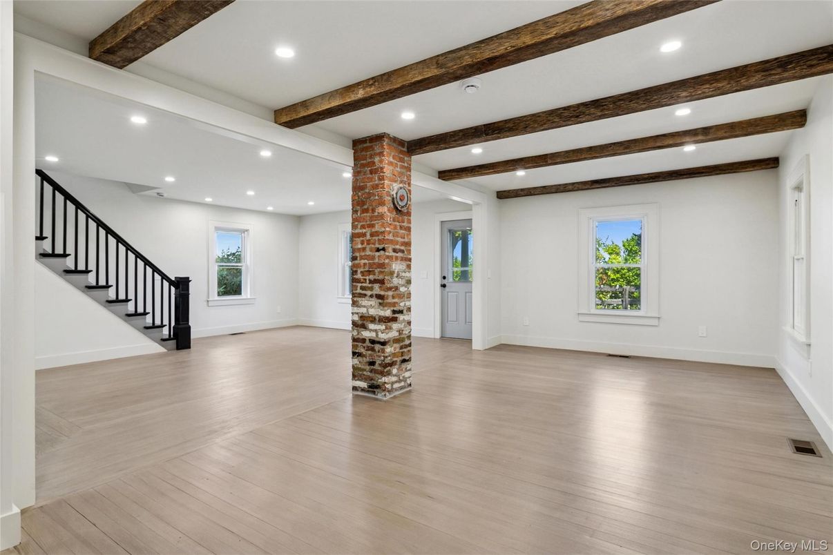 Empty room, Fireplace, Interior, Recessed Lighting, Wooden Beams, Wood Texture Flooring
