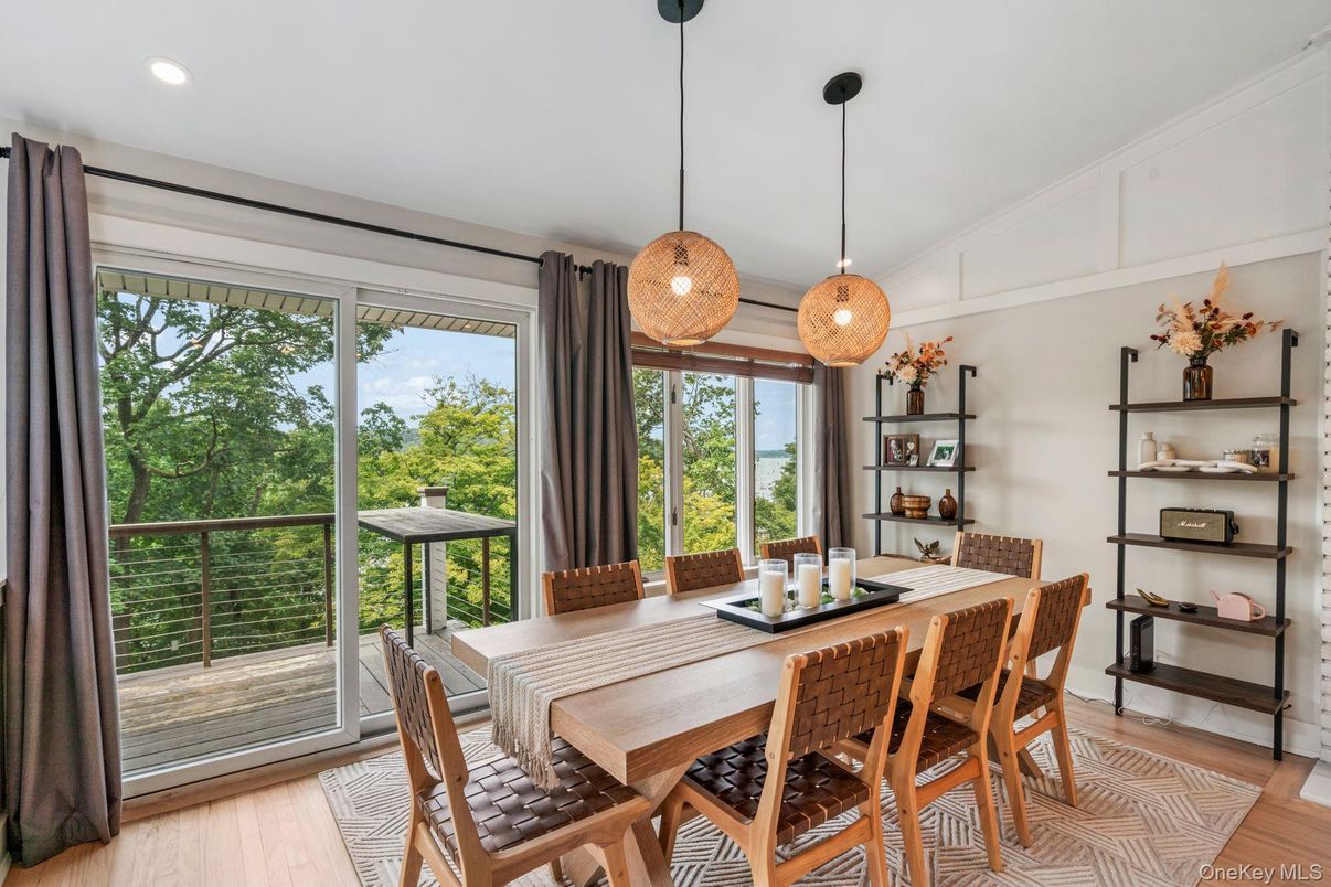 Dining room, Interior, Pendant Lights, Recessed Lighting, Wood Texture Flooring